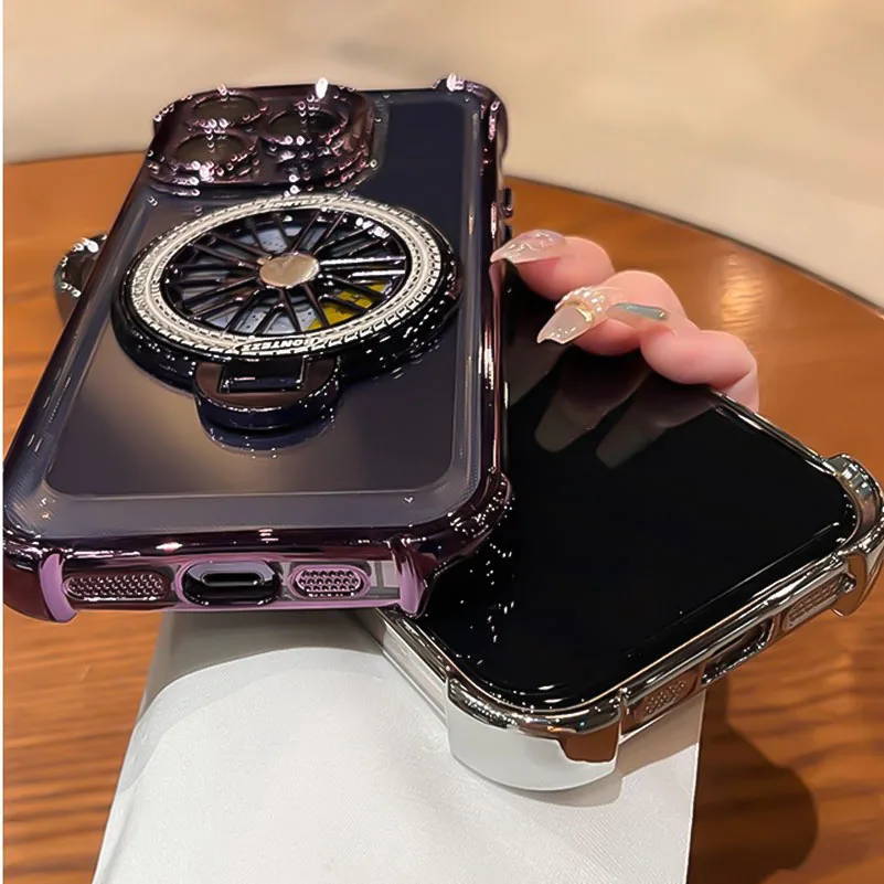 Luxury Plating Rotating Gyro Bracket Case For iPhone 17 Pro Max Air 12 13 14 15 16 Pro For Magsafe Airbag Shockproof Phone Cover view 5