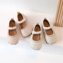 

Girls Mary Janes 2022 Spring Square-toe Pearls Cute Kids Fashion Casual Soft Flat Shallow Dress Shoes for Party Wedding Shows PU