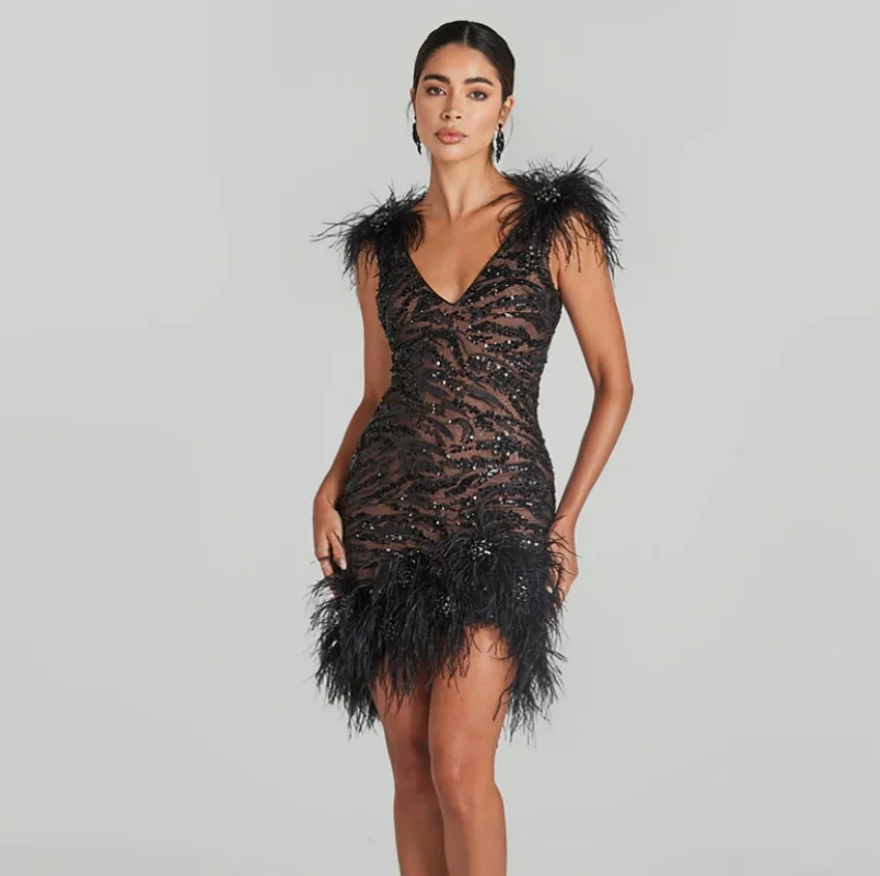 

STOCK High Quality Gorgeous Feathers Shining Diamonds Black Sequins Sleeveless Mini Dress Graceful Woman Evening Party Outfit