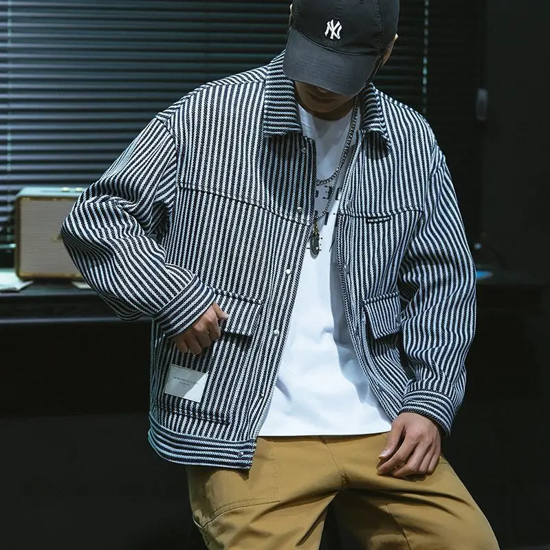 Spring High Street Casual Vintage Stripe Men Printing Jacket Loose Trend All-match Large Size Affordable Lapel Collar Coat mens jacket