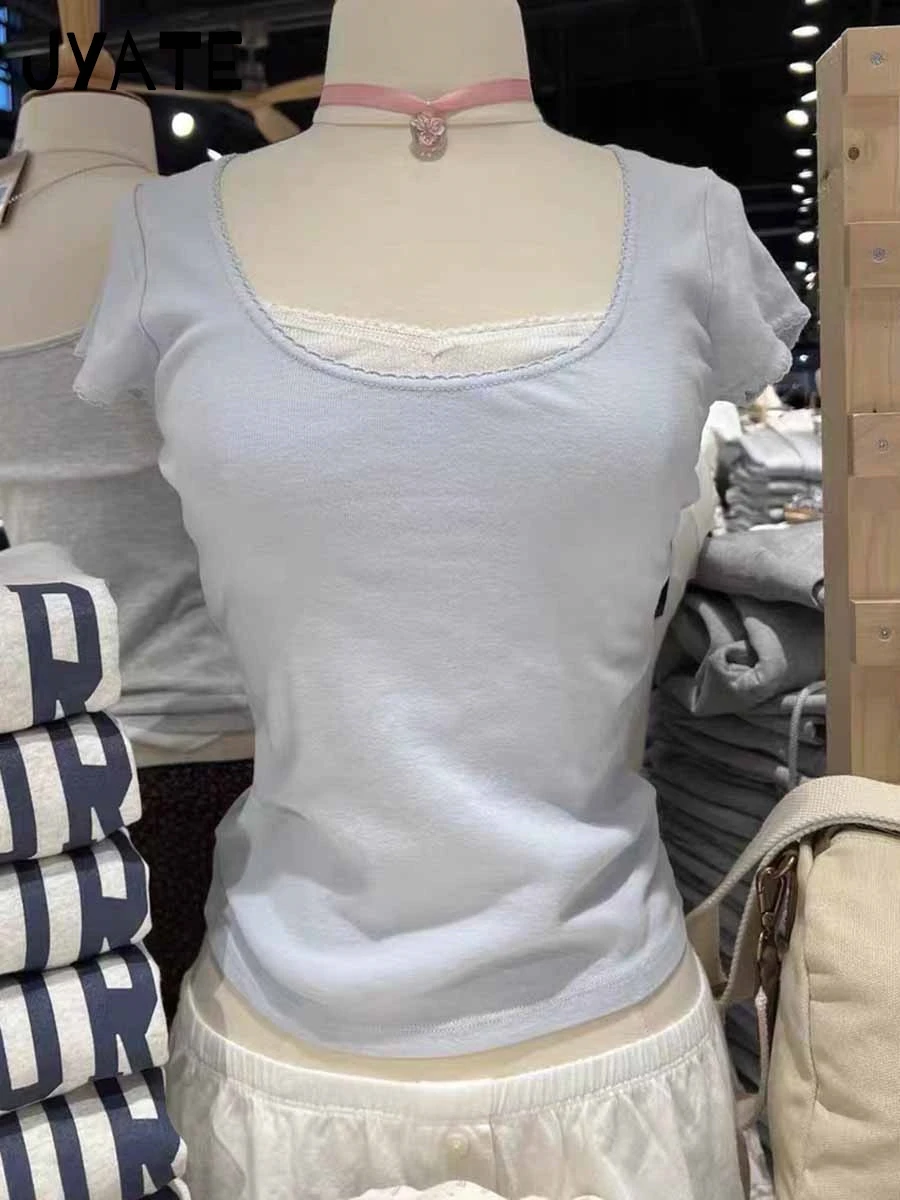 

Simple Blue Lace Trim Crew Neck T-shirts Women Summer New Cotton Casual Basic Short Sleeve Tees Cute Sweet Chic Tops Clothes Y2K