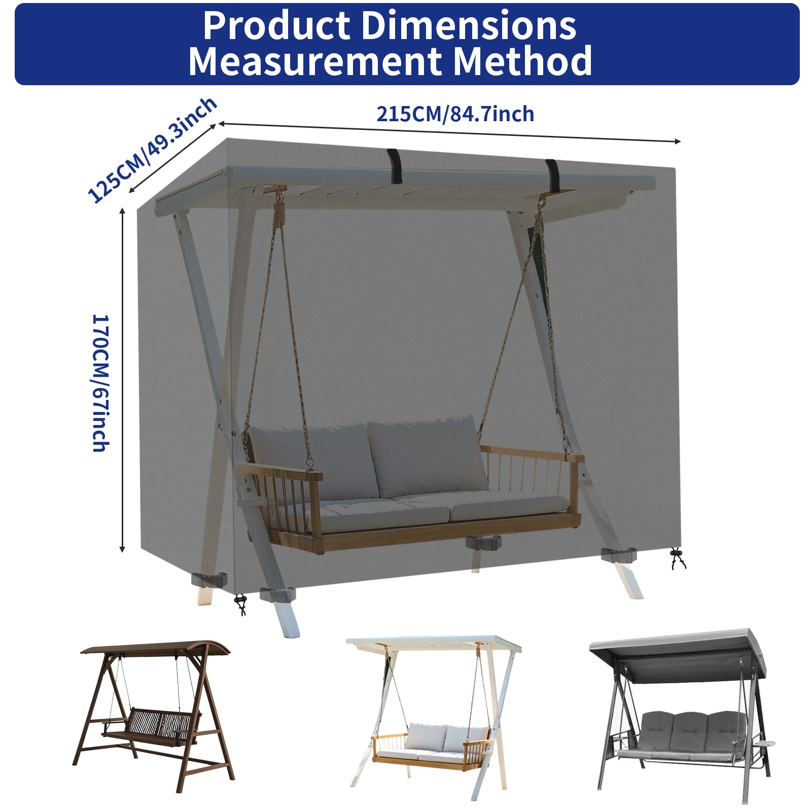 Garden Swing Cover 3-Seater Waterproof Hammock Cover w/ Zipper Anti-UV 210D Oxford Outdoor Swing Chair Patio Chair Covers