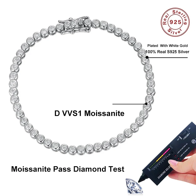 NeeTim Moissanite Tennis Bracelet 2mm White Gold Plated 925 Sterling Silver D VVS1 Lab Diamond with GRA Fine Bracelets For Women