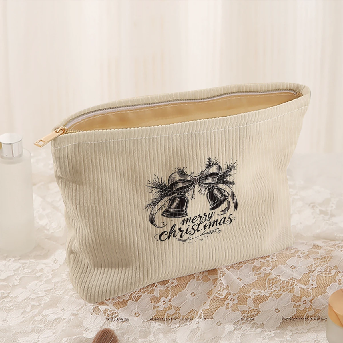 1 Christmas themed corduroy makeup bag, lightweight zipper makeup storage box, multifunctional bag with lining