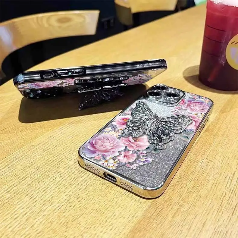 Elegant Pink Peonies Plating Bracelet Holder Phone Case Cover