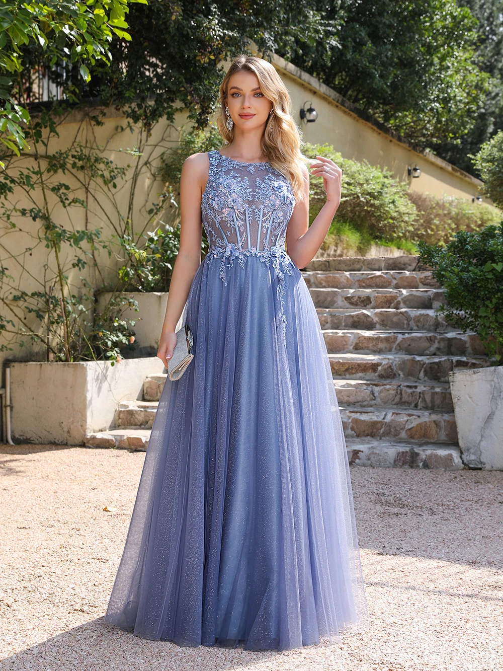 

2024 Elegant Appliques Illusion Backless Dusty Blue Tulle A Line Evening Dress Embroidery Prom Gowns Formal Party Robe De Soiree