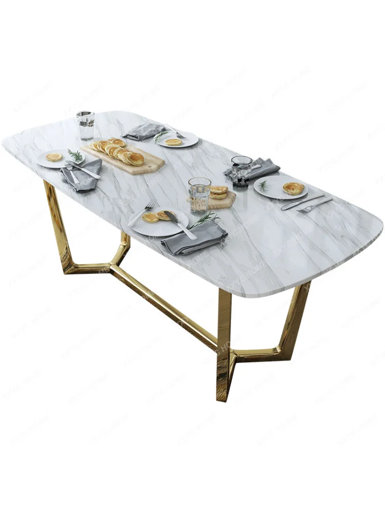 

Light Luxury Post-Modern Marble Dining Tables Chairs Set Nordic Stainless Steel Rectangular Apartment Dining Table Long Table