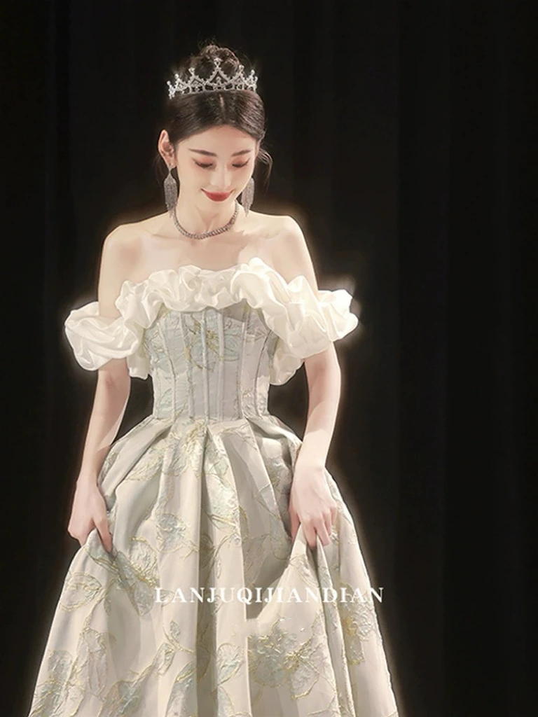 

Jacquard Elegant Boat Neck Evening Dresses Off the Shoulder Quinceanera Birthday Party Dance Graduation Celebrity Prom Gowns