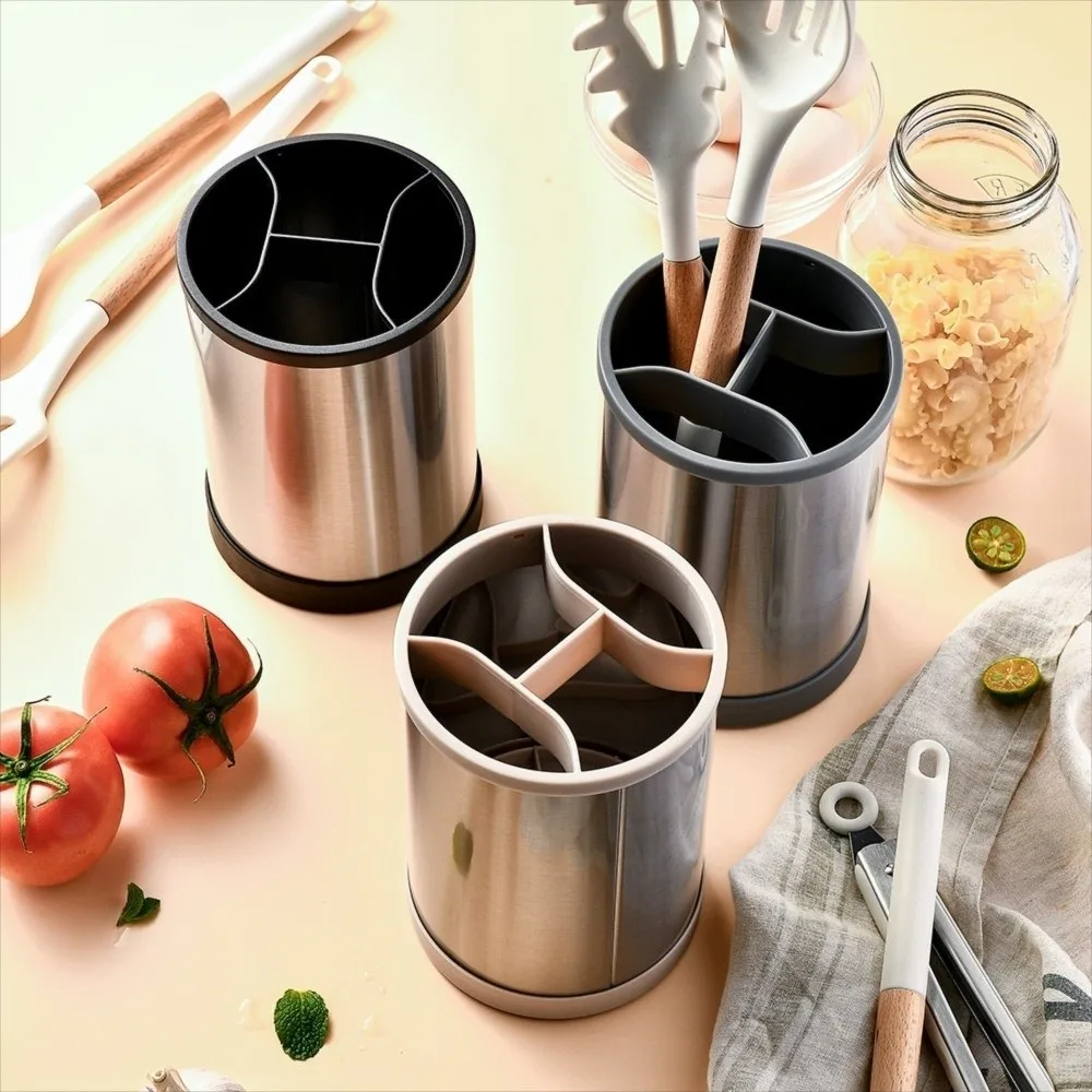 Rotatable Kitchen Utensils Holder Durable Stainless Steel Cooking Tools Organizer Plastic Space-saving Cutlery Drainer Stand