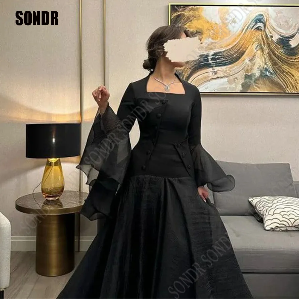 

SONDR Black Ladies Satin Button A Line Prom Dress Puff Dress Arabic Evening Dress Princess Cocktail Dress Long Sleeves