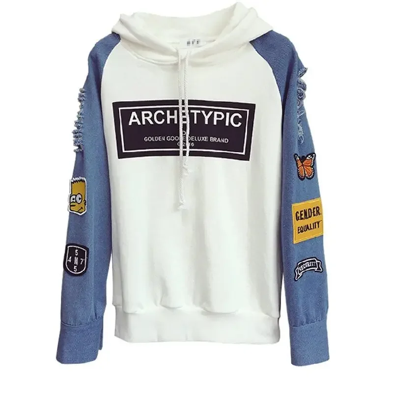 Autumn New Hole Long Sleeve Drawstring Splice Hooded Pullovers 2024 Harajuku Female Sweatshirt Women Letter Print Patch Hoodies