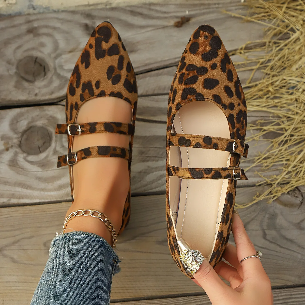 Elegant Ballet Flats Women Autumn Shallow Pointed Toe Loafers Casual Buckle Leopard Mary Jane Flat Shoes Women Zapatos De Mujer