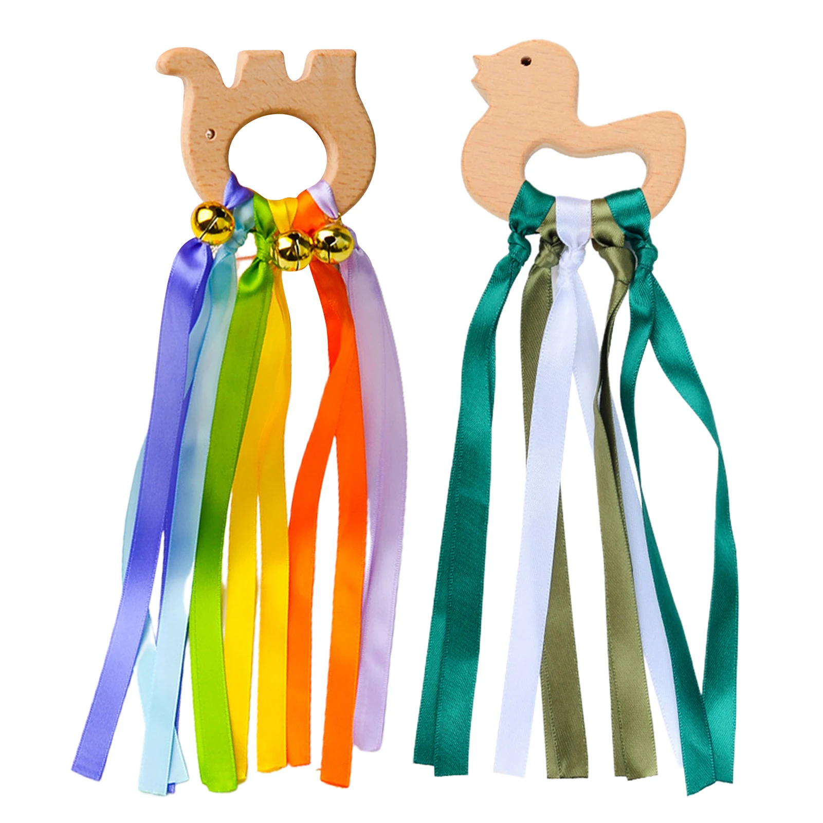 

2pcs Educational Baby Sensory Boys Girls Wood Rainbow Color Grip Training Ribbon Ring Toy Toddler Rattle Crawling Hand Kite