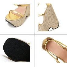RIBETRINI-alpargatas metálicas doradas para mujer, sandalias de cuña con y tacón de tiras, zapatos verano de tacón súper alto de 16 - AliExpress