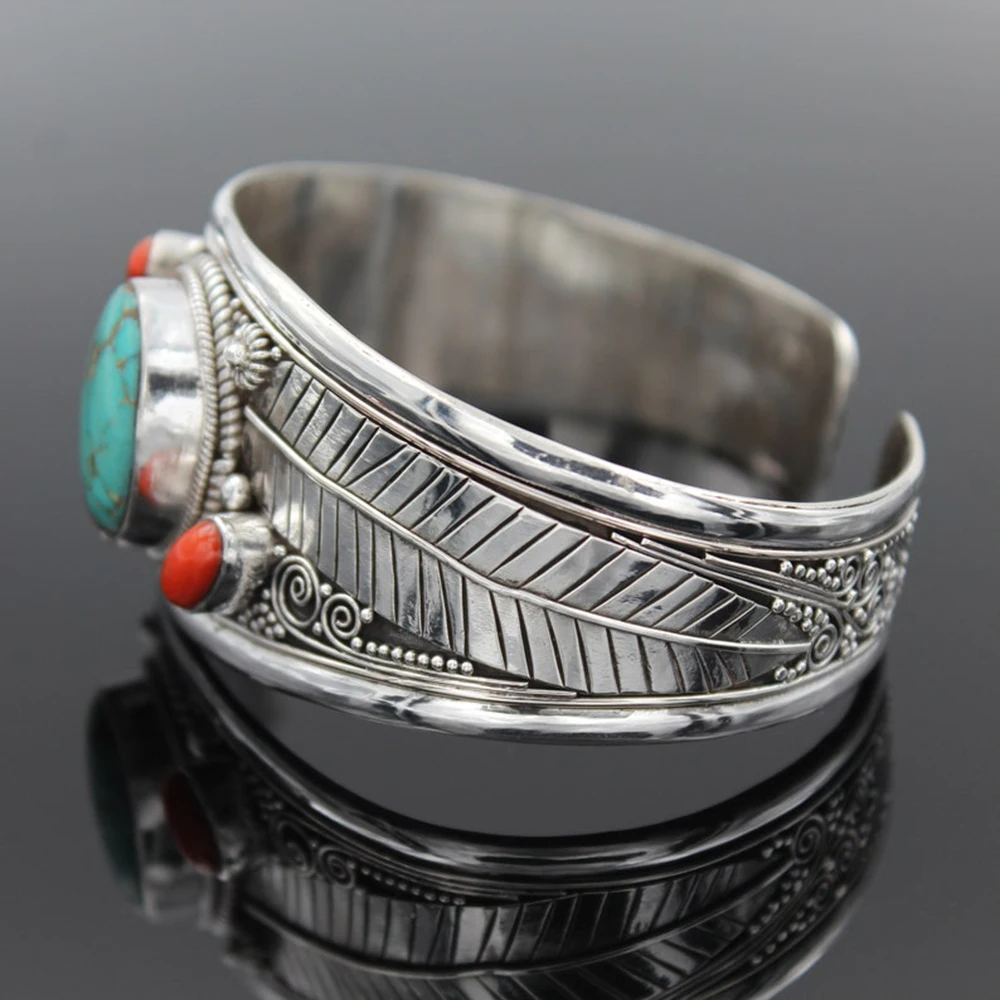 Stone Bracelet Antique Silver Color Leaf Red Blue Natural Stone Bracelet Bangle for Women Simple Open Bohemian Luxury