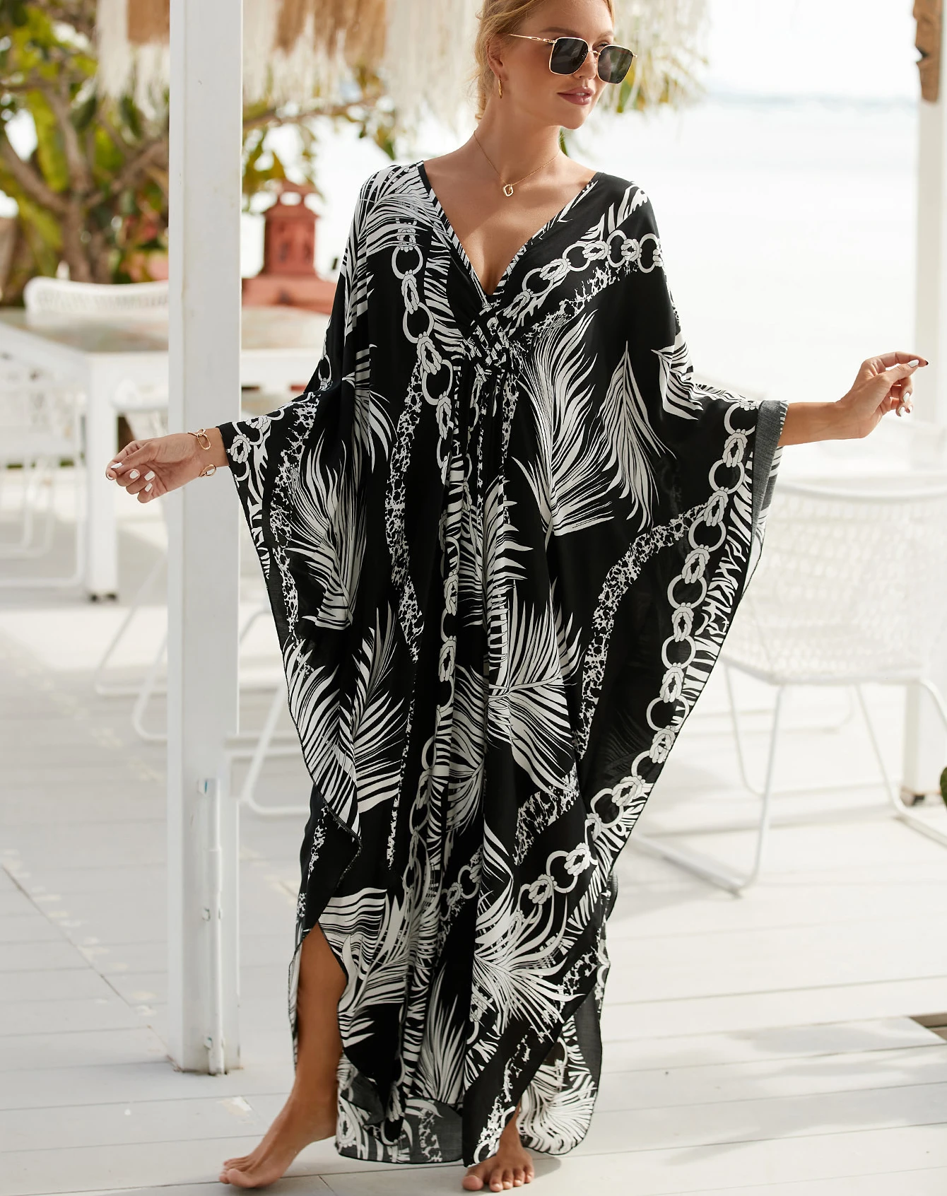 

TEELYNN Boho Kaftan Rayon Print Loose Cover Ups for Women Tunic Casual V-neck Kimono Summer Dress Beach Wear Oversize Vestidos