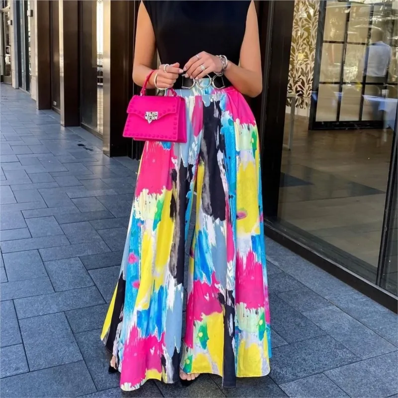 Pantalones acampanados holgados grafiti para mujer, informal con teñido anudado, cintura media, pierna ancha para fiesta, moda urbana, 2022 - AliExpress