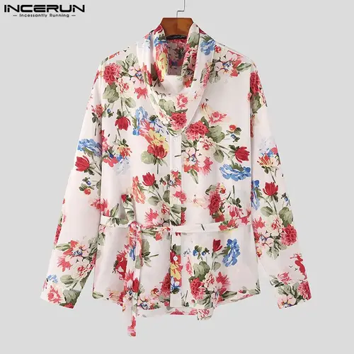 INCERUN 남성 패션 프린트 패턴 벨트 디자인 셔츠, 캐주얼 루즈핏 편안한 긴팔 블라우스, 2023 미국 스타일 5