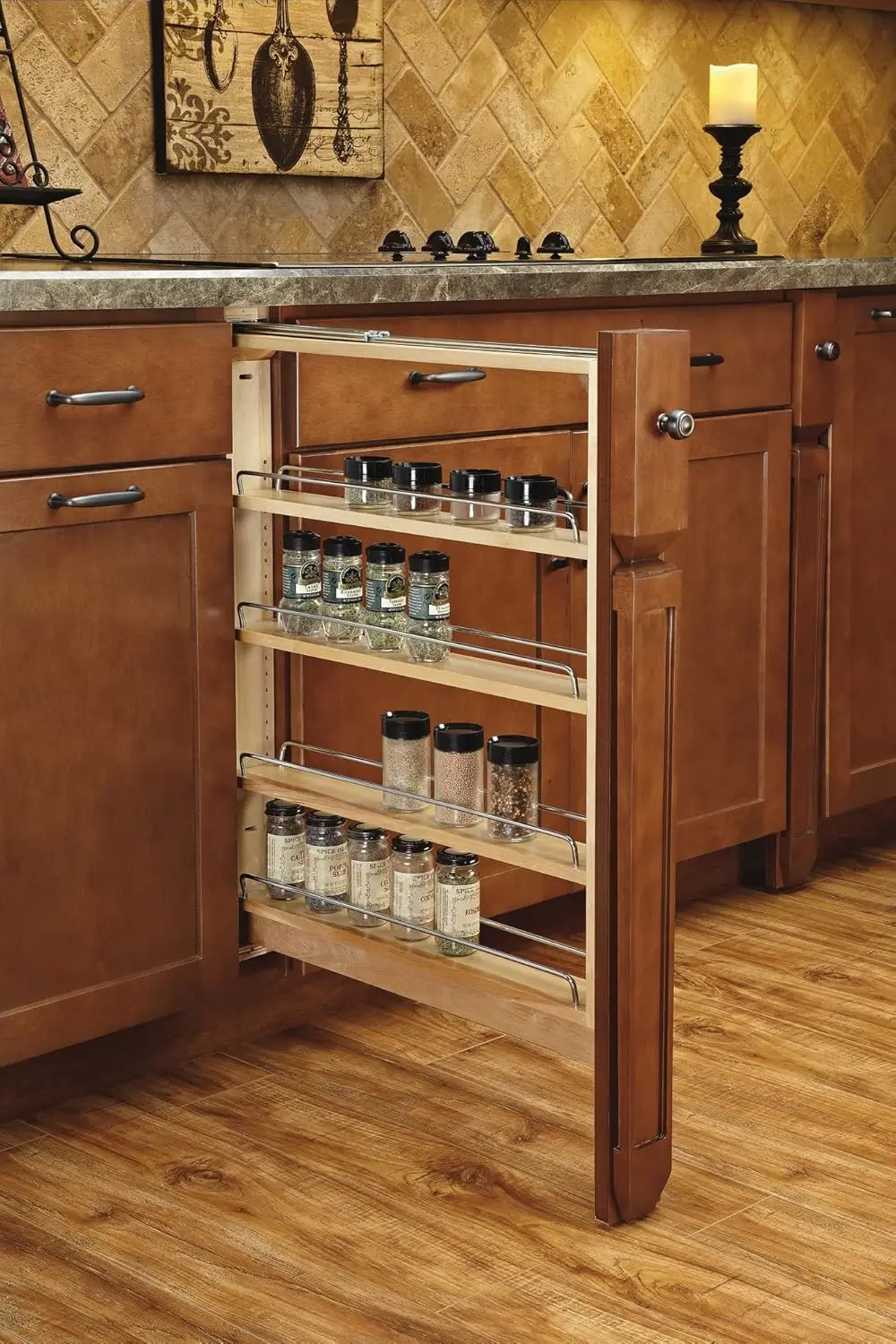 Pull Out Shelf Organizer for Base Kitchen Cabinets Filler Spice Rack Seasoning Storage Holder Soft Close Wood 5