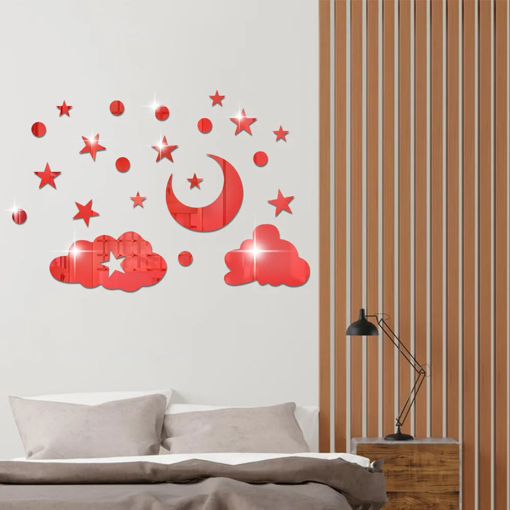 Stars moon clouds mirror 3d three-dimensional decoration wall paste bedroom wall room self-adhesive mirror stickers