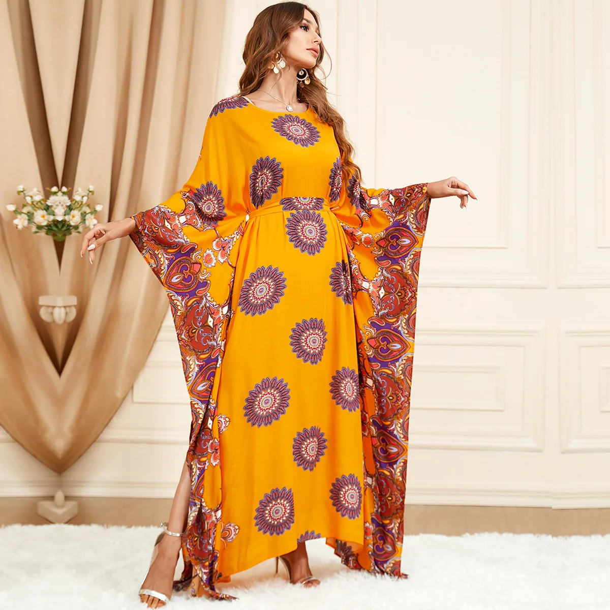 

Summer Dress Abaya for Women Arabic Yellow Print Plus-size Muslim Dress Loose Batwing Sleeve Kaftan Women Dubai Abayas Vestidos