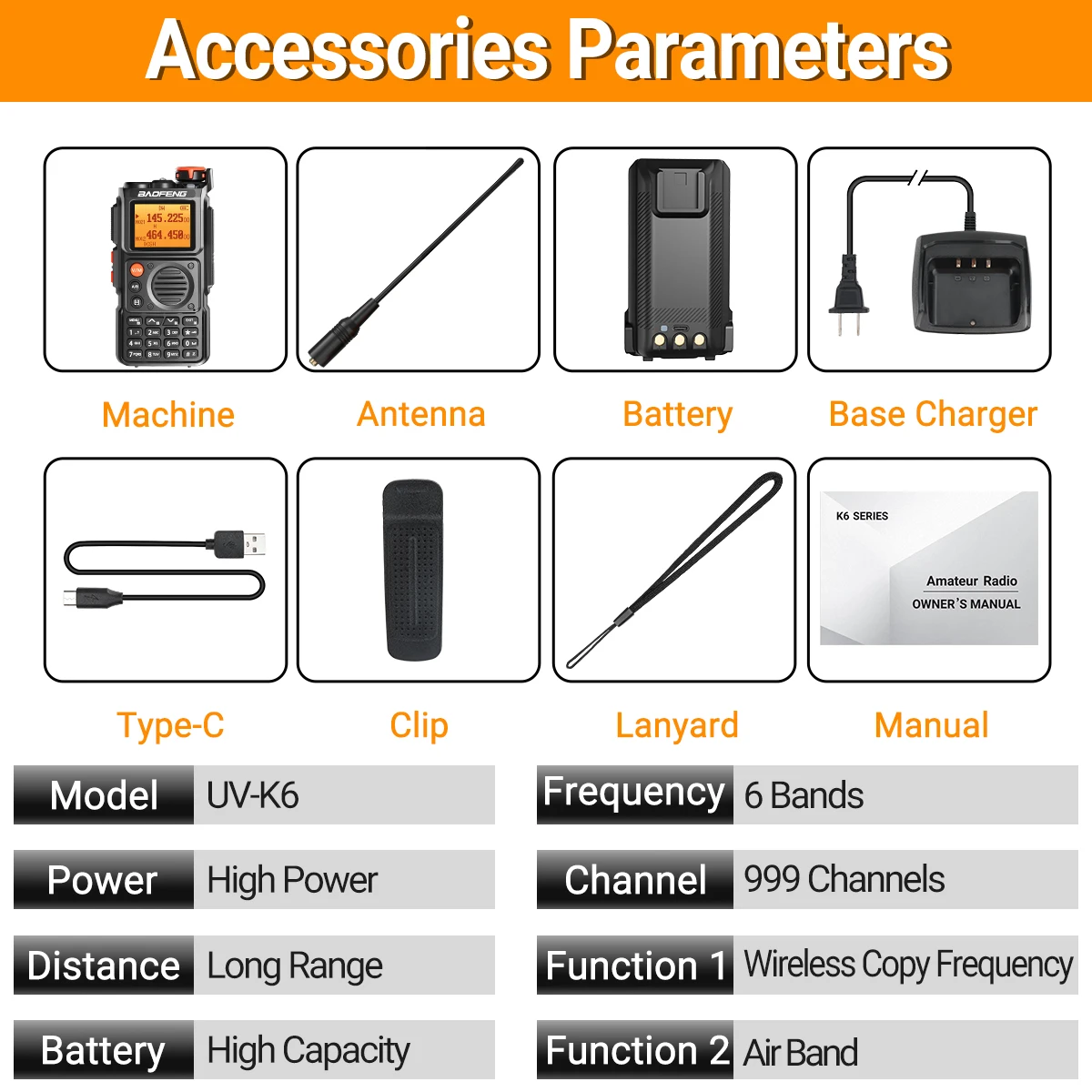 Baofeng UV-K6 Long Range Walkie Talkie Full Band Wireless Copy Frequency Type-C Charge UHF VHF Amateur Two Way Radio For Camping 5
