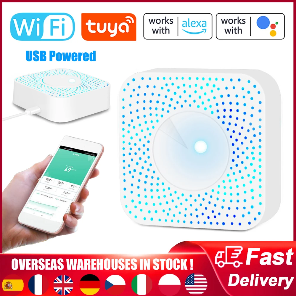 Tuya 와이파이 공기질 감지기, PM2.5, 포름알데히드, VOC, CO2, 온도 및 습도 테스터, 알렉사 구글 홈 음성 제어, 6 in 1
