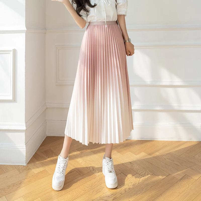 

2024 Summer New Summer Fashion Gradient Loose Skirt Female Elastic Waist Pleated Skirts Ladies Midi Long A-line Skirts B159