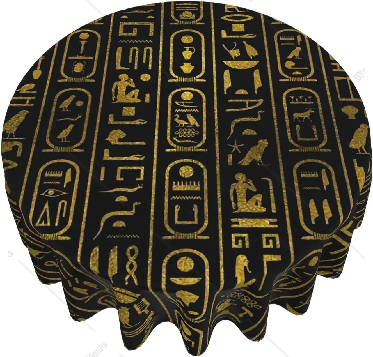 

Egyptian Ancient Gold Hieroglyphs On Black Round Tablecloth 60 Inch Washable Table Cloth Water Resistant Spill Proof Table Cover