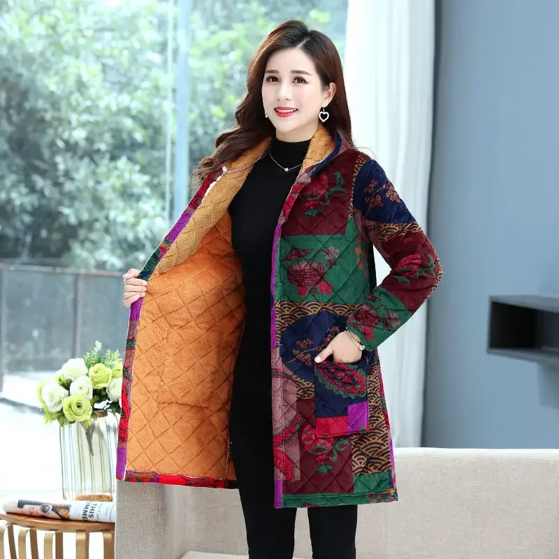 

Winter Women's Clothing Mid-length Cotton Coat Korean Fashion Fleece Thickened Cotton Clothing Plus Size Printing Keep Warm