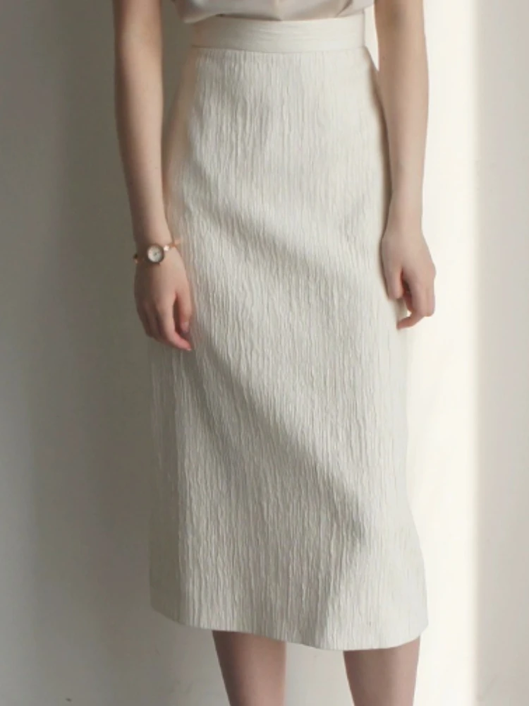

Women's Spring Summer Half Skirt Vertical Wrinkle Texture High Waist Over Knee Back Split Elegant Half Skirt Gentle Women's Wear