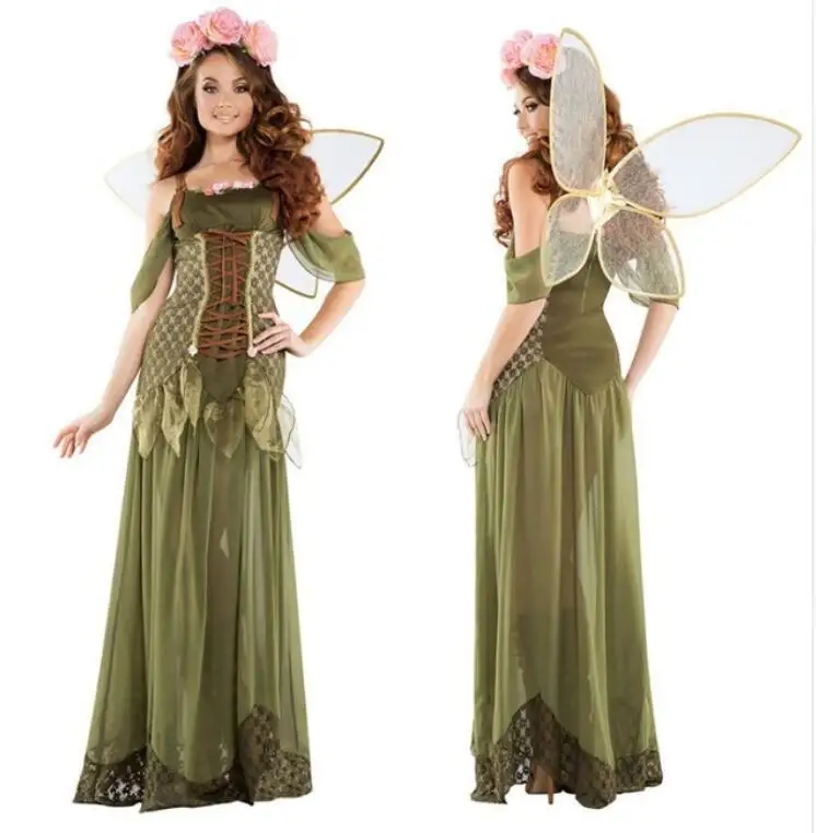 

Adult Women Angel Elf Flower Fairy Tinker Bell Costume Halloween Hen Party Fairy Tale Green Forest Cosplay Fantasia Fancy Dress