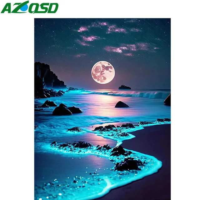 AZQSD diamant peinture nouveauté 2024 lune bord de mer paysage broderie nuit paysage mosaïque décor à la maison plein carré rond perceuse 1