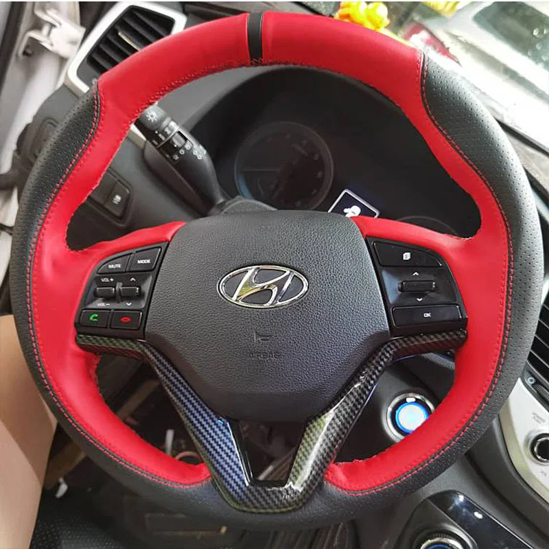 

For Hyundai Tucson 3 2015-2019 Hand Stitched non-slip Genuine Leather Sports style Car Steering Wheel Cover