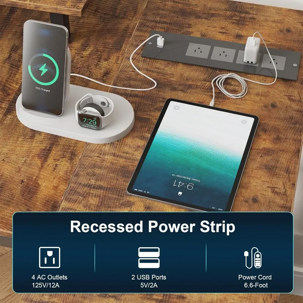 New2025-47" L Shaped Computer Desk with LED Light and Power Outlet, Reversible L Shaped Desk with Monitor Stand and Drawer, Gami