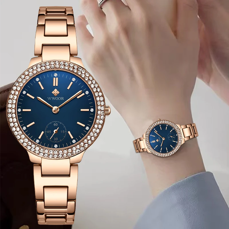 Elegant Watches Woman WWOOR Luxury Diamond Ladies Quartz Bracelet Wristwatch For Women Fashion Crystal Female Clock Montre Femme