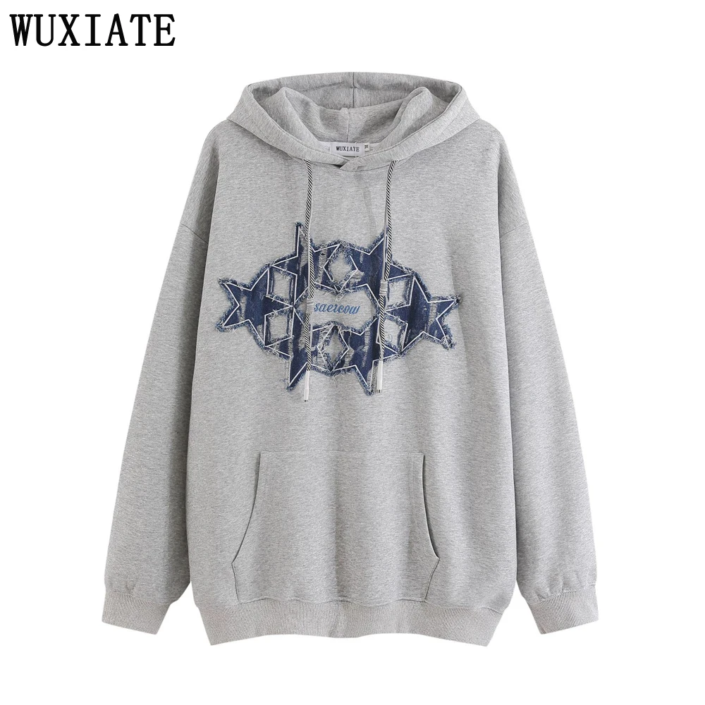 

WUXIATE Harajuku Star Hoodie Y2K Hip Hop Embroidery Retro Denim Patch Hooded Sweatshirt Streetwear 2024 Fashion Pullover Hoodies