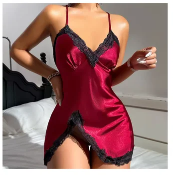 Sexy Backless Mini Female Nightgown Lingerie Summer Chemise Sleepwear Suspender Nightdress White Satin Lace Home Wear Loungewear 6