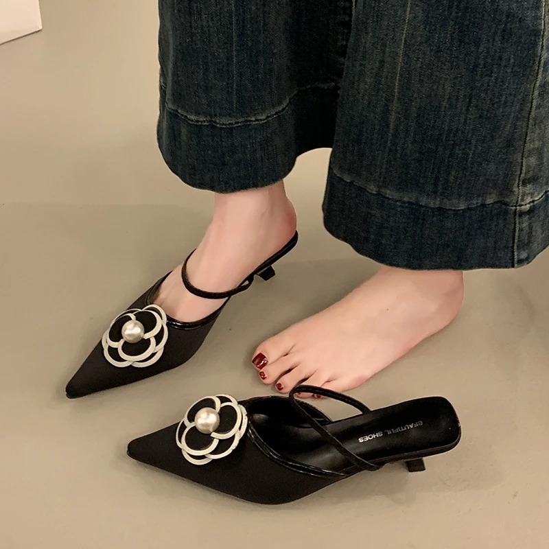 2025 Flower Pointed Toe High Heels Women Luxury Designer Sandals Female Summer Elegant Fashion Pumps Flower Mule Slippers Women 4