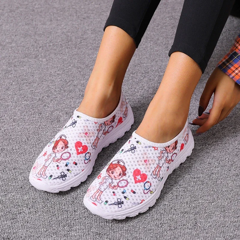 Rimocy Nurse Shoes Women Print Breathable Sneakers Woman Slip-on Light Non-slip Flats Ladies Soft Bottom Casual Sports Shoes