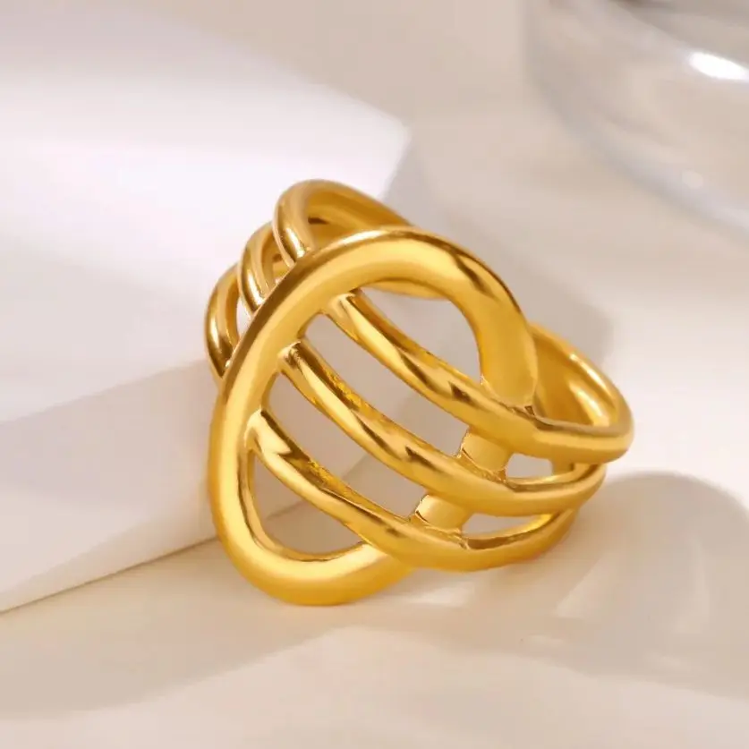 Hand-Wrapped Woven Geometric Ring Stainless Steel Gold for Women