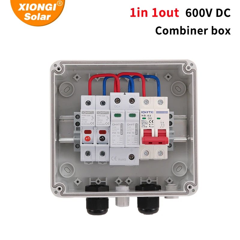 XIONGISolar Double PG Combiner กล่อง PV พร้อมป้องกันฟ้าผ่า 1 อินพุต 1 out DC 600V ฟิวส์ IP65 MCB SPD กันน้ํา 1