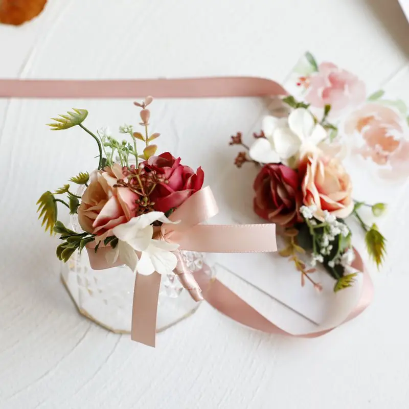 

Vintage Rose Artifical Flowers Boutonnieres Wrist Crosage Bridesmaid Marriage Wedding Accessories 2023