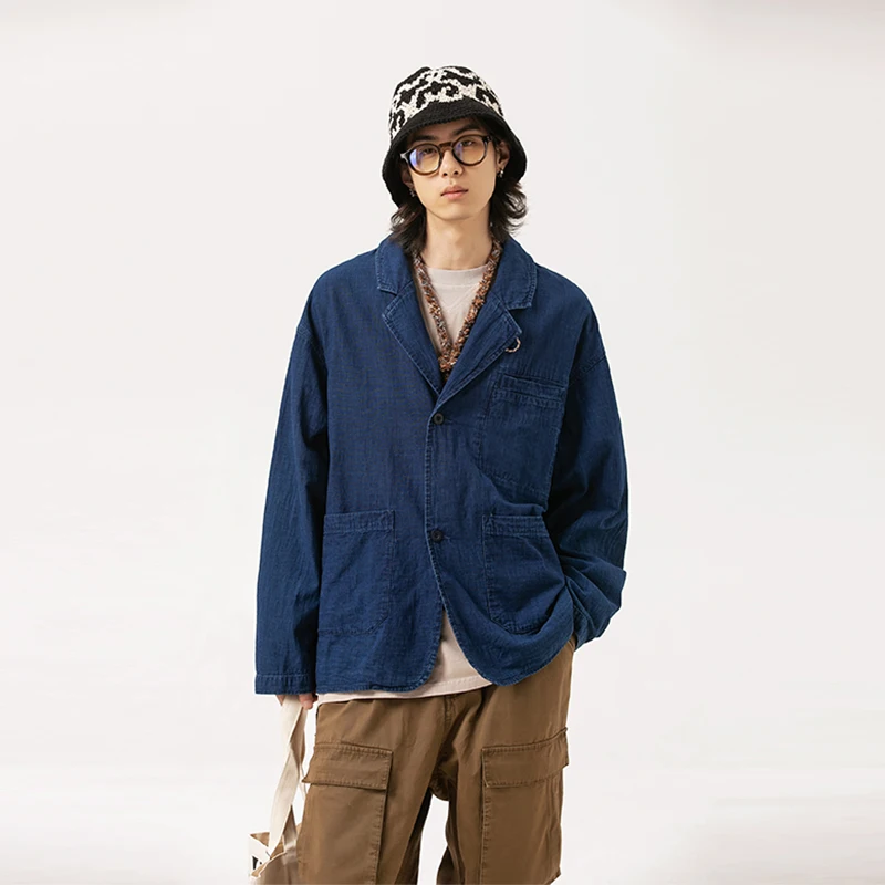Men Denim Suit Jacket Japanese Streetwear Fashion Loose Casual Vintage Pure Cotton Blazers Coat Outerwear