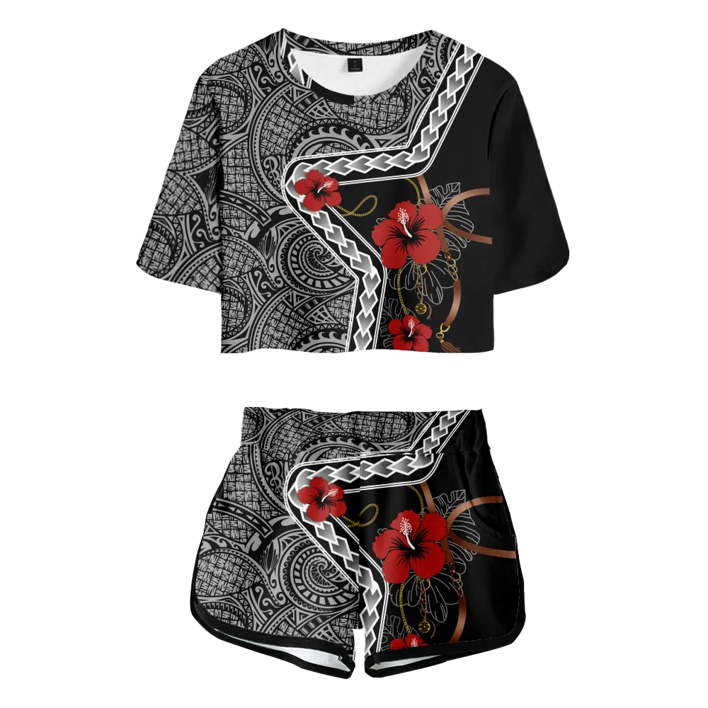 

Tahiti Floral Tattoo Fashion Casual Streetwear Sexy 2 Piece Set Women Top Women Biker Shorts Set Bandage Great Matching Sets