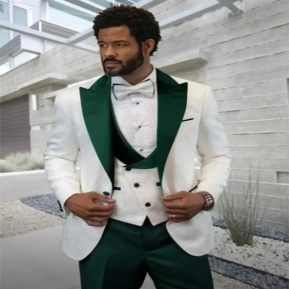 

Luxury Jacquard Men's Suits 3 Pcs Green Peaked Lapel Wedding Groom Dress Trajes Elegante Para Hombres Blazer Jacket+Pants+Vest