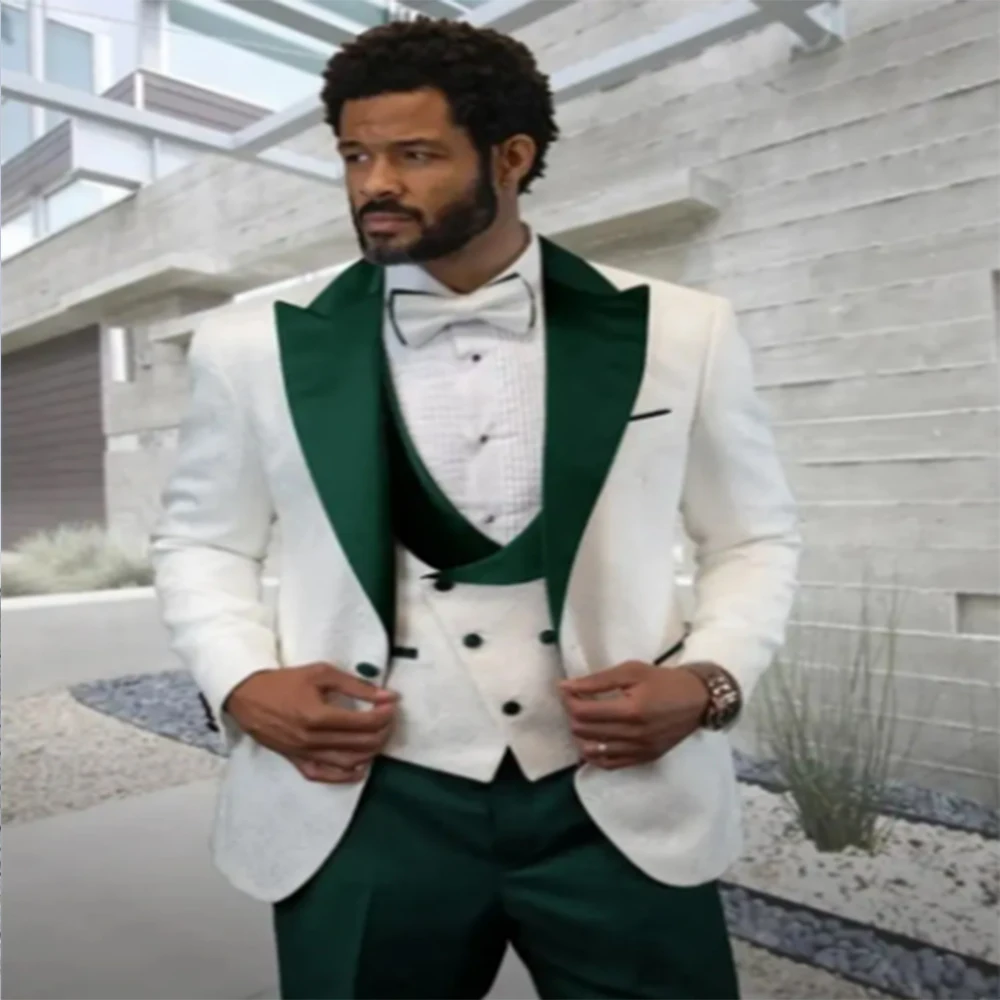 Luxury Jacquard Men's Suits 3 Pcs Green Peaked Lapel Wedding Groom Dress Trajes Elegante Para Hombres Blazer Jacket+Pants+Vest