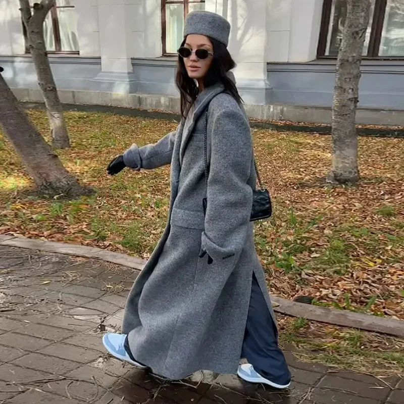 Fashion Woolen Long Coat Women Autumn Full Sleeve Button Fake Pocket Split Yellow Overcoat Elegant Oversize New in Outwear