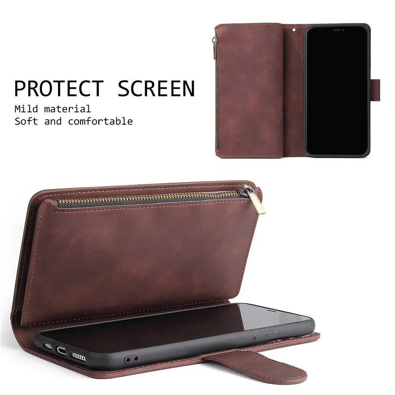 Leather Zipper Purse Flip Wallet Phone Case with Multi-Card Slots