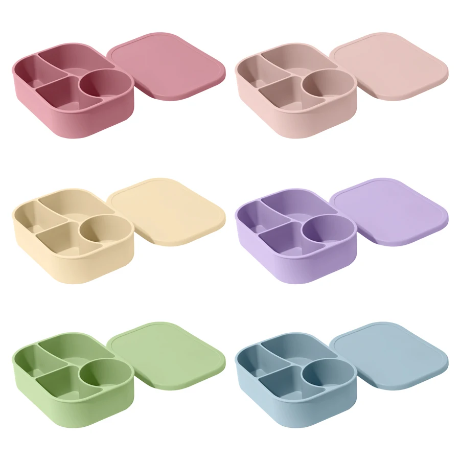 1PCS Baby Silicone Food Storage Box Solid Color Baby Tableware Portable Four-compartment Dinner Plate Toddler Lunch Box 5